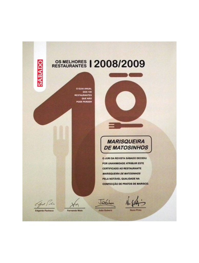 Certificado da revista Sábado que distingue a Marisqueira de Matosinhos, Matosinhos, como um dos 100 melhores restaurantes de 2008/2009