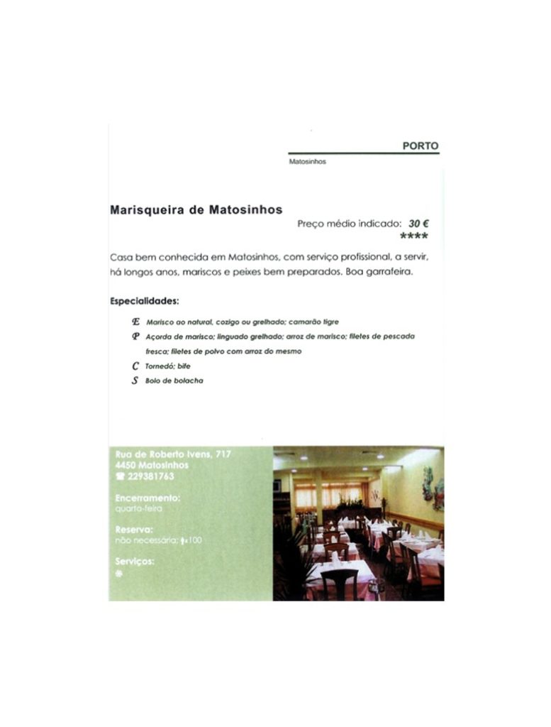 Ficha informativa da A Marisqueira de Matosinhos, Matosinhos
