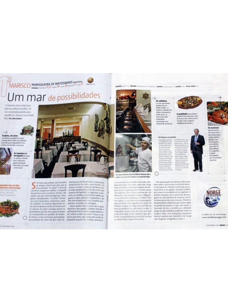 Artigo de revista dedicado à gastronomia da Marisqueira de Matosinhos, Matosinhos.